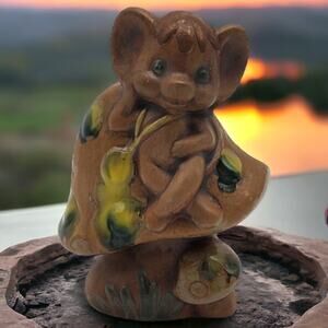 Spiritual Renewal Psychedelic 70s Figurine Whimsical Mouse Chilling on Mushroom